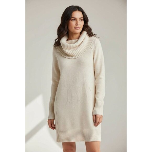 H&M Cream Cowl Neck Sweater Dress Tunic Long Sleeve Ribbed Hem Women’s M - Picture 2 of 5